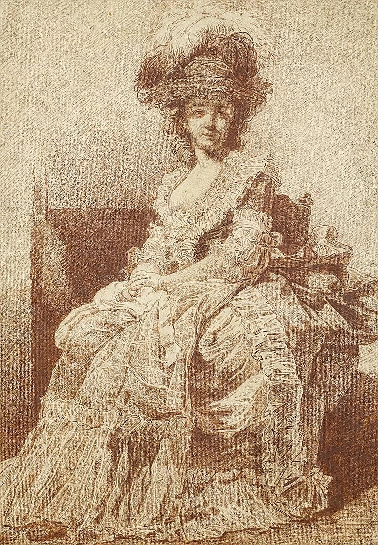 Ritratto di Madame Bergeret, a figura intera, seduta su una sedia, con indosso un cappello piumato